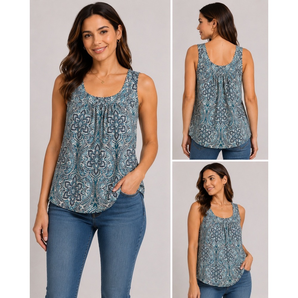 Croft & Barrow Tank Top Womens Medium Blue Teal Paisley Sleeveless Scoop Neck